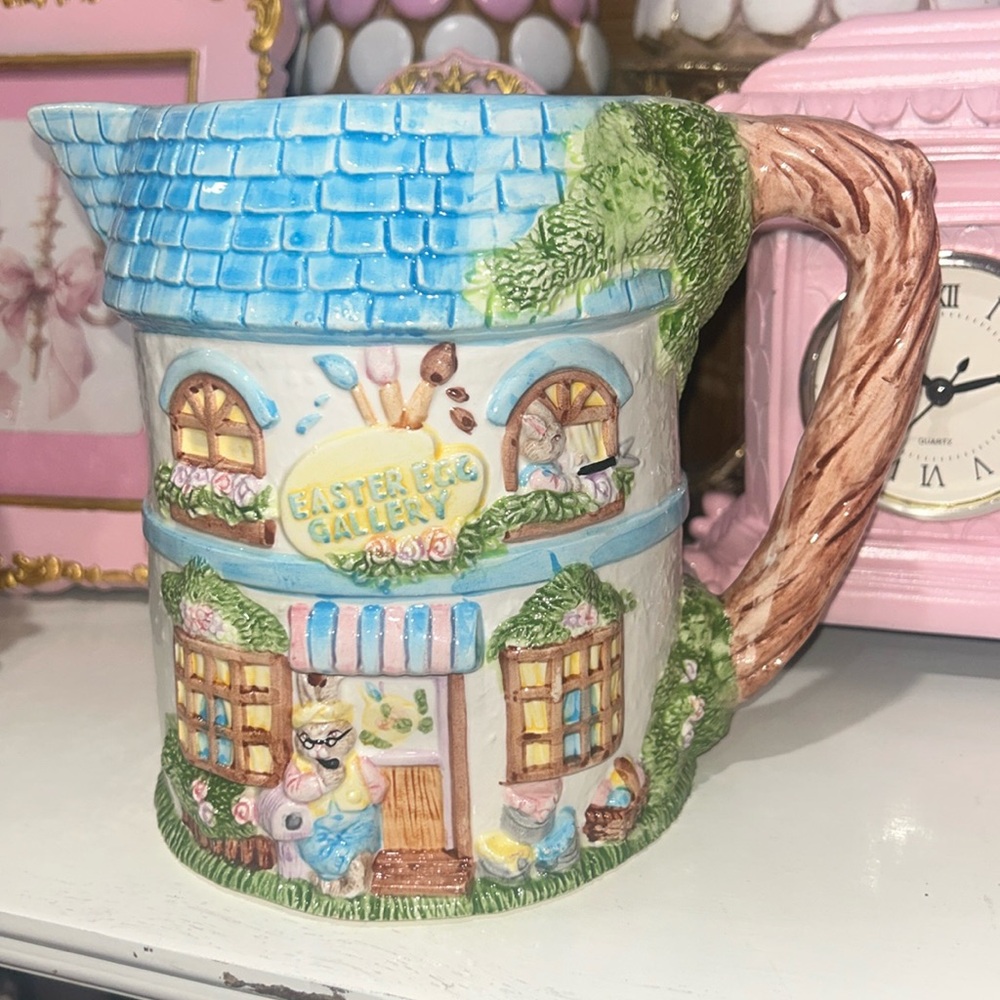 Vintage Ceramic Pitcher Easter Bunny House, Easter Decor, Easter Pitcher.